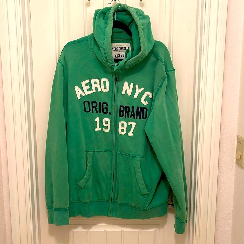 Aeropostale hoodie full‎ zipper front men’s size XXL Green with logos, stained